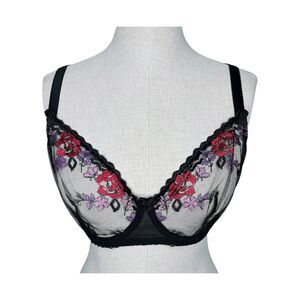 Mimi Holliday Queenie Comfort Bra sz 32E * Black Mesh Pink Purple Floral Sheer